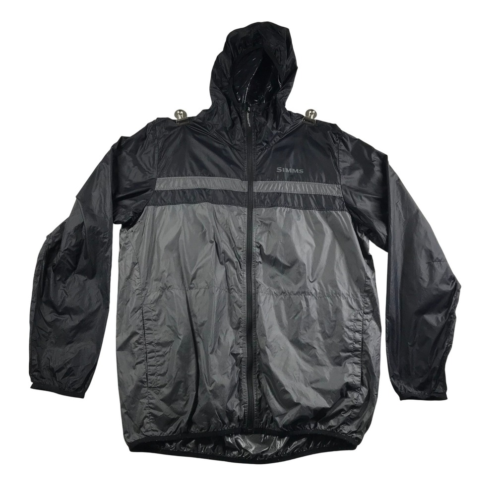 Simms Fishing Products Mens Large Black Grey Nylon Hooded Windbreaker Jacket L